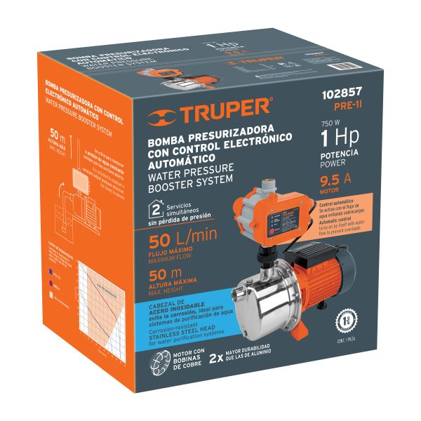 102857 - Bomba presurizadora jet acero 1 HP con control, Truper