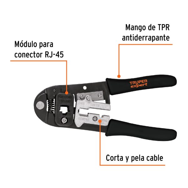 PRJ-45FC1.jpg 18342 - Pinza 8' ponchadora para cables RJ-45, 8 contactos, Truper