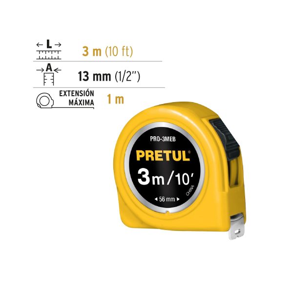 21605 - Flexómetro amarillo 3 m cinta 13 mm, en tarjeta, PRETUL