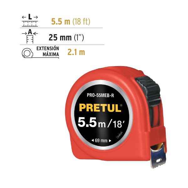 28024 - Flexómetro rojo 5.5 m cinta 25 mm, en tarjeta, PRETUL