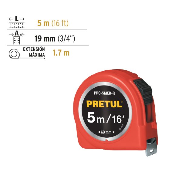21612 - Flexómetro rojo 5 m cinta 19 mm, en tarjeta, PRETUL