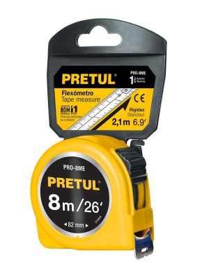 21603 - Flexómetro amarillo 8 m cinta 25 mm, en tarjeta, PRETUL