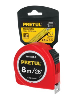 PRO-8ME-R.jpg 29999 - Flexómetro rojo 8 m cinta 25 mm, en tarjeta, PRETUL