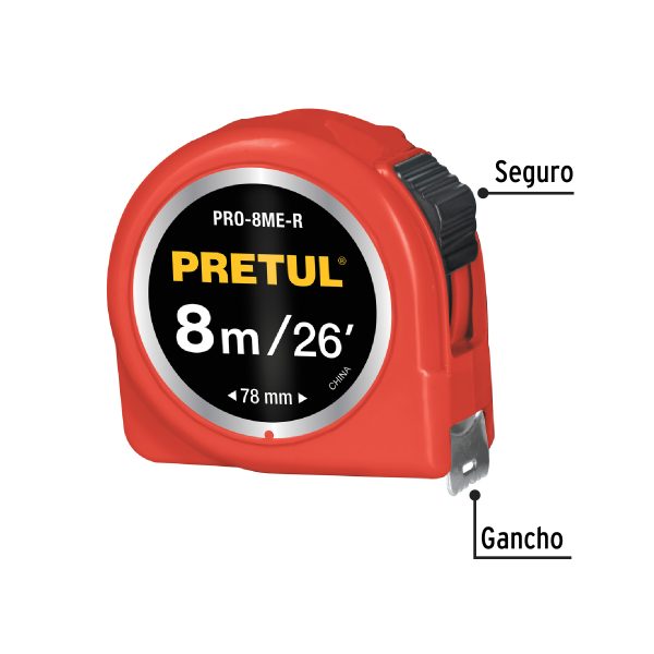29999 - Flexómetro rojo 8 m cinta 25 mm, en tarjeta, PRETUL