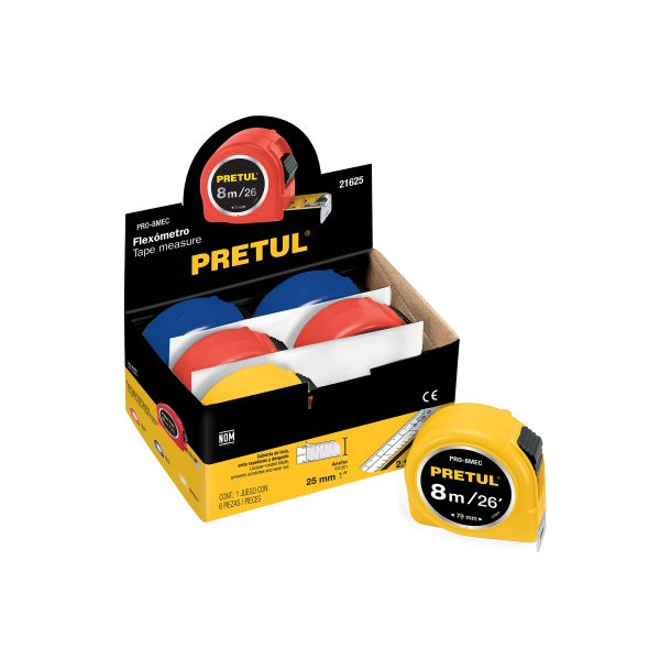 21625 - Flexómetro 8 m cinta 25 mm, display box con 6 pzas, PRETUL