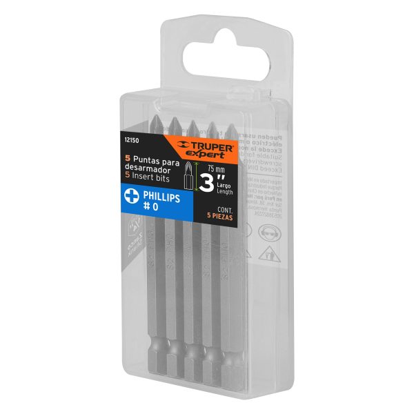 12150 - Estuche con 5 puntas de cruz PH0 largo 3', Truper Expert