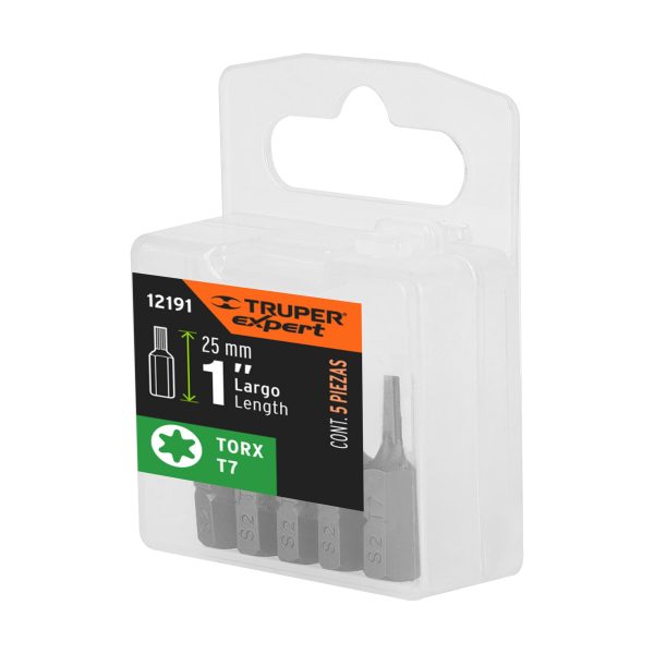 12191 - Estuche con 5 puntas torx T7 largo 1', Truper Expert