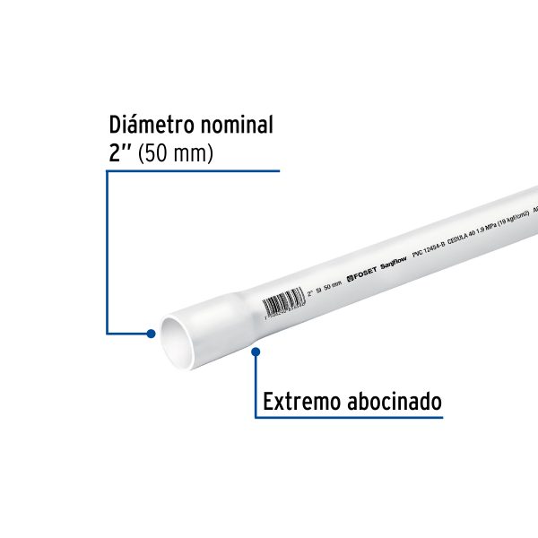 45522 - Tubo de 2' PVC hidráulico cédula 40, 3m, 3.1kg, FOSET