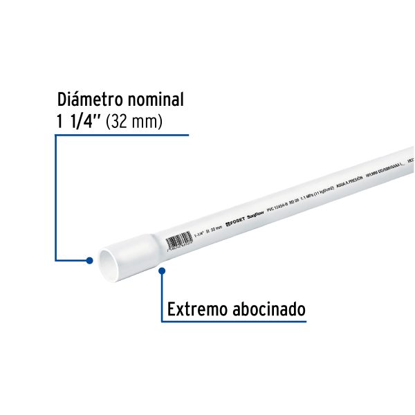 40084 - Tubo de 1-1/4' PVC hidráulico RD 26, 3m, 0.9kg, FOSET