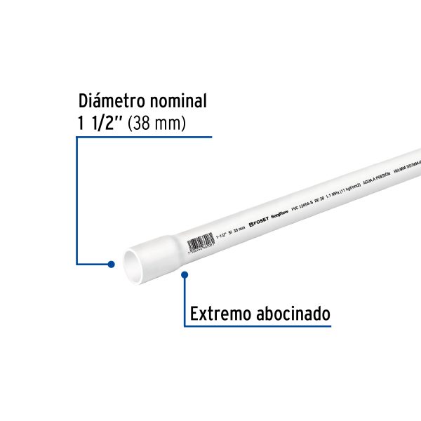 40085 - Tubo de 1-1/2' PVC hidráulico RD 26, 3m, 1.2kg, FOSET