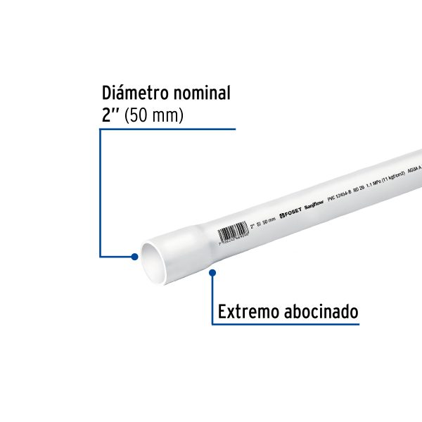 40086 - Tubo de 2' PVC hidráulico RD 26, 3m, 1.8kg, FOSET
