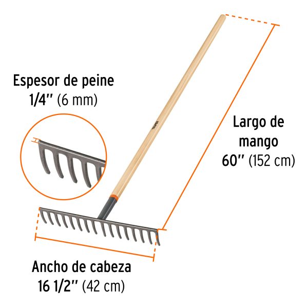 17880 - Rastrillo recto de 16 dientes, mango de 60', Truper