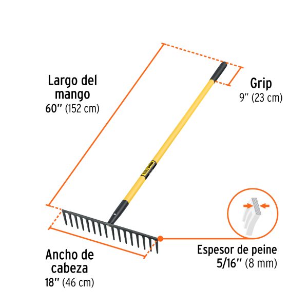17894 - Rastrillo recto reforzado 16 dientes, mgo fibra d/vidrio 60'