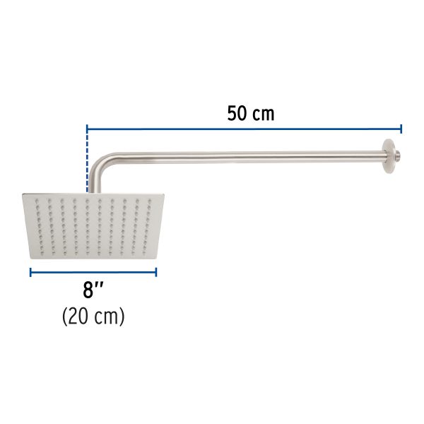 45772 - Regadera plato cuadrado 8' con brazo, satín, FOSET RIVIERA