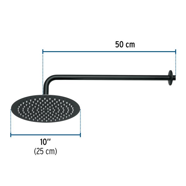 44825 - Regadera plato redondo 10' con brazo, negro, FOSET RIVIERA
