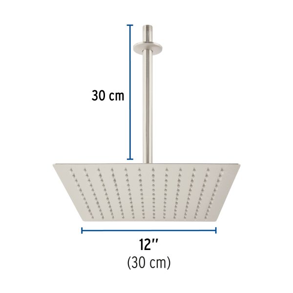 45776 - Regadera plato cuadrado 12' con brazo, satín, FOSET RIVIERA
