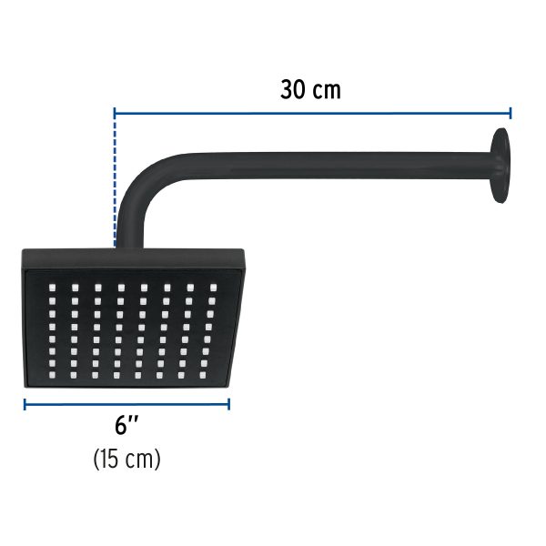 46746 - Regadera cuadrada ABS 6' acabado negro mate con brazo, Foset