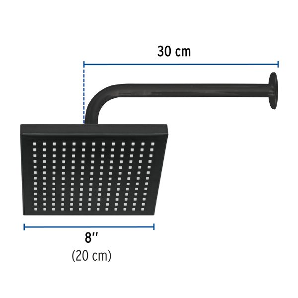 46748 - Regadera cuadrada ABS 8' acabado negro mate con brazo, Foset