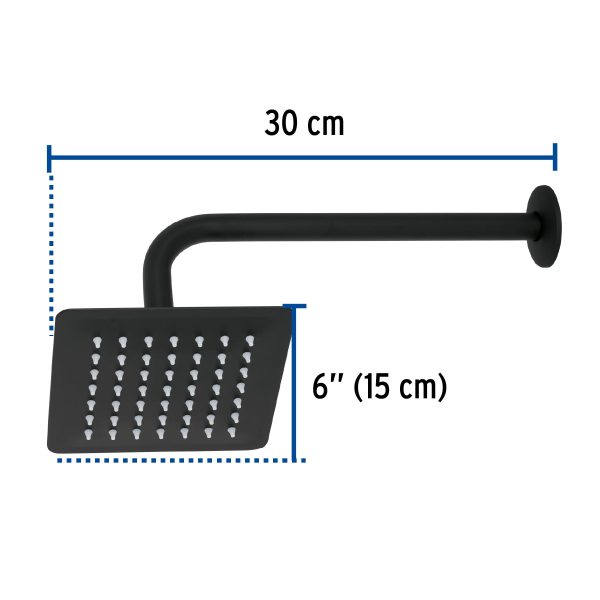 47748 - Regadera cuadrada 6', acero inox, con brazo, negro, Túbig