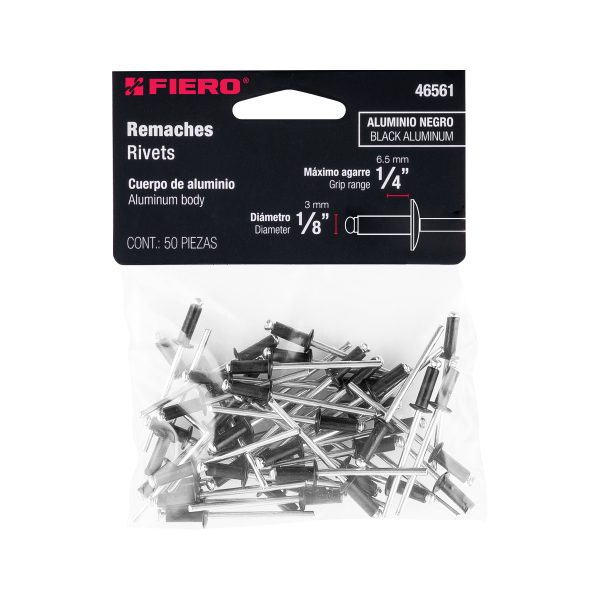 46561 - Bolsa c/50 remaches 1/8'x1/4' negros de aluminio, ala 1/4'