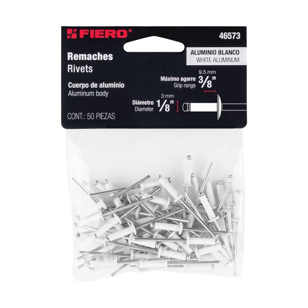 46573 - Bolsa c/50 remaches 1/8'x3/8' blancos de aluminio, ala 1/4'
