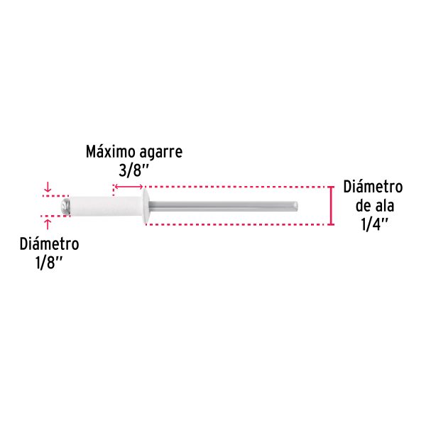 46573 - Bolsa c/50 remaches 1/8'x3/8' blancos de aluminio, ala 1/4'
