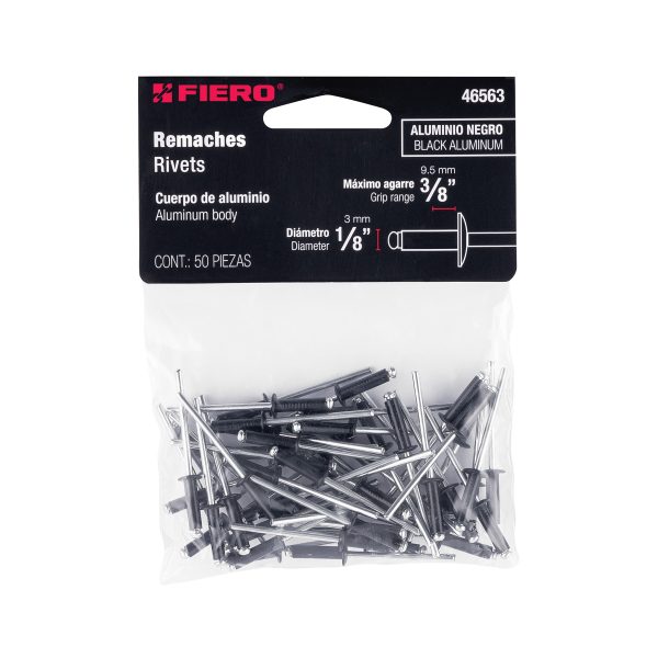 46563 - Bolsa c/50 remaches 1/8'x3/8' negros de aluminio, ala 1/4'