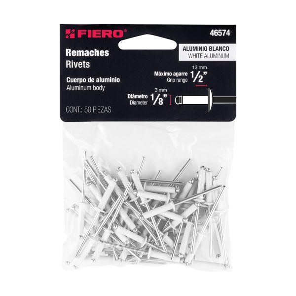 46574 - Bolsa c/50 remaches 1/8'x1/2' blancos de aluminio, ala 1/4'
