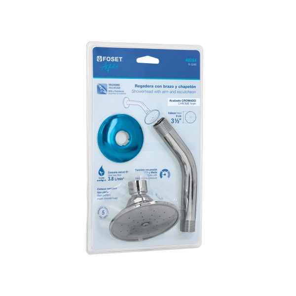 49284 - Regadera redonda 3-1/2', brazo y chapetón en blíster, Aqua