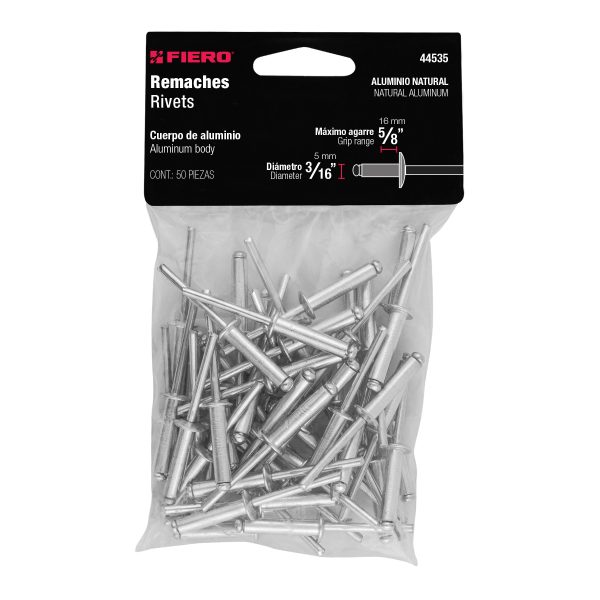 44535 - Bolsa con 50 remaches 3/16' x 5/8' de aluminio, ala 3/8'