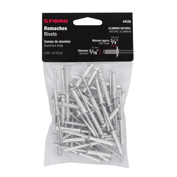 44536 - Bolsa con 50 remaches 3/16' x 3/4' de aluminio, ala 3/8'