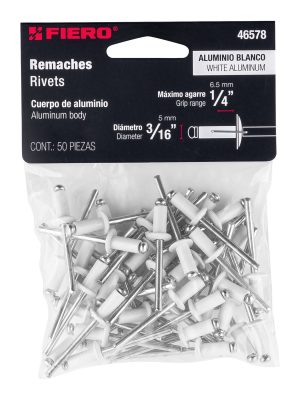 46578 - Bolsa c/50 remaches 3/16'x1/4' blancos de aluminio, ala 3/8'