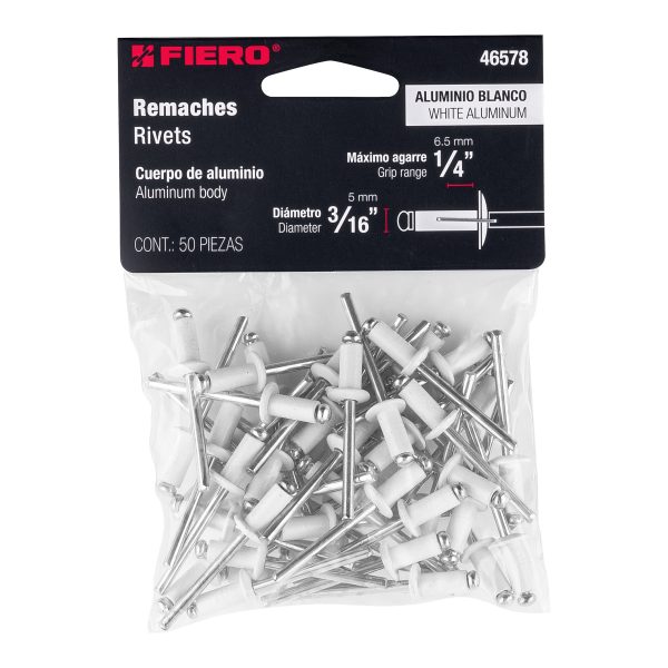46578 - Bolsa c/50 remaches 3/16'x1/4' blancos de aluminio, ala 3/8'