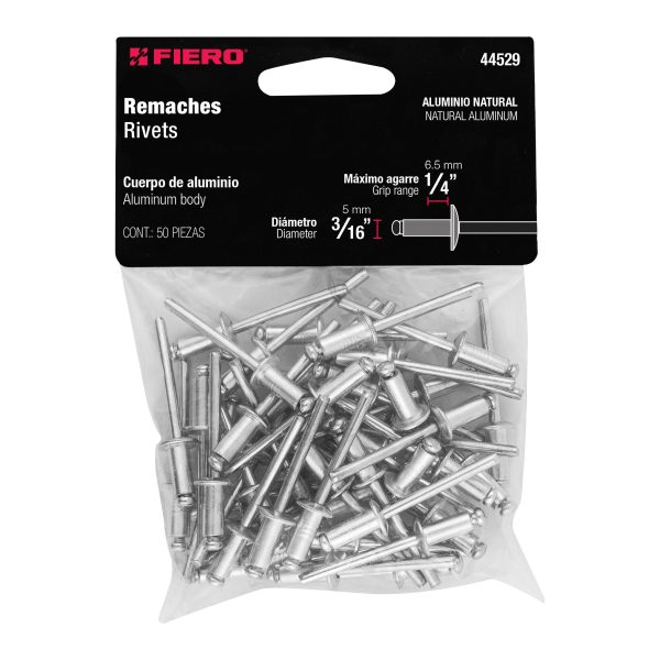 44529 - Bolsa con 50 remaches 3/16' x 1/4' de aluminio, ala 3/8'
