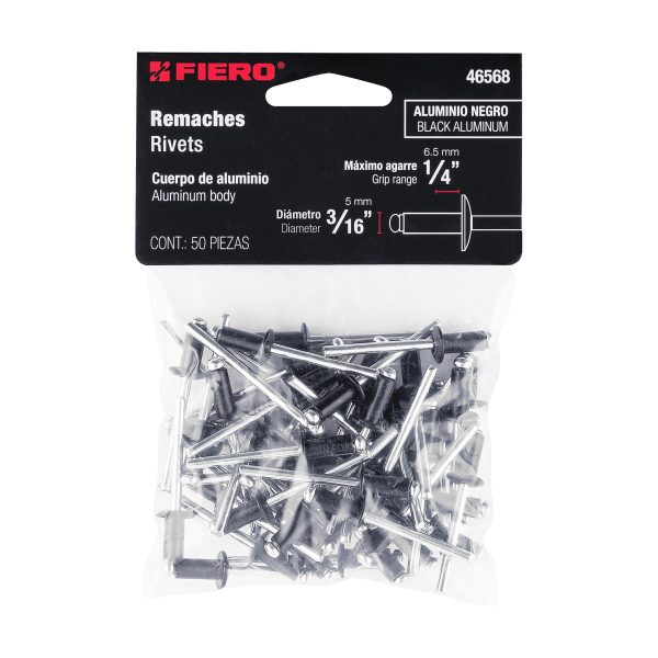 46568 - Bolsa c/50 remaches 3/16'x1/4' negros de aluminio, ala 3/8'