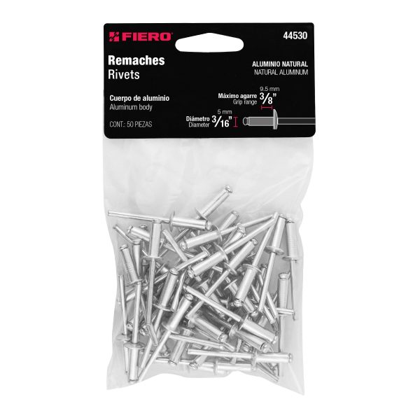 44530 - Bolsa con 50 remaches 3/16' x 3/8' de aluminio, ala 3/8'