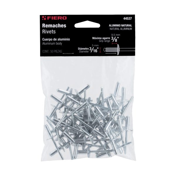 44537 - Bolsa con 50 remaches 3/16' x 3/8' de aluminio, ala 17/32'