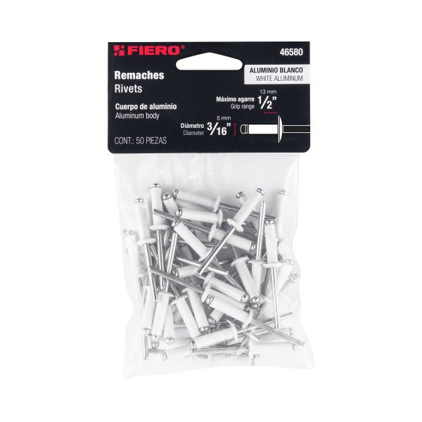 46580 - Bolsa c/50 remaches 3/16'x1/2' blancos de aluminio, ala 3/8'