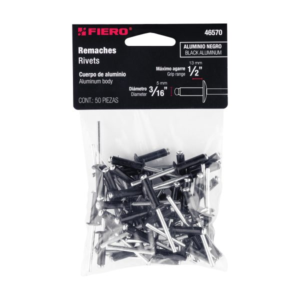 46570 - Bolsa c/50 remaches 3/16'x1/2' negros de aluminio, ala 3/8'