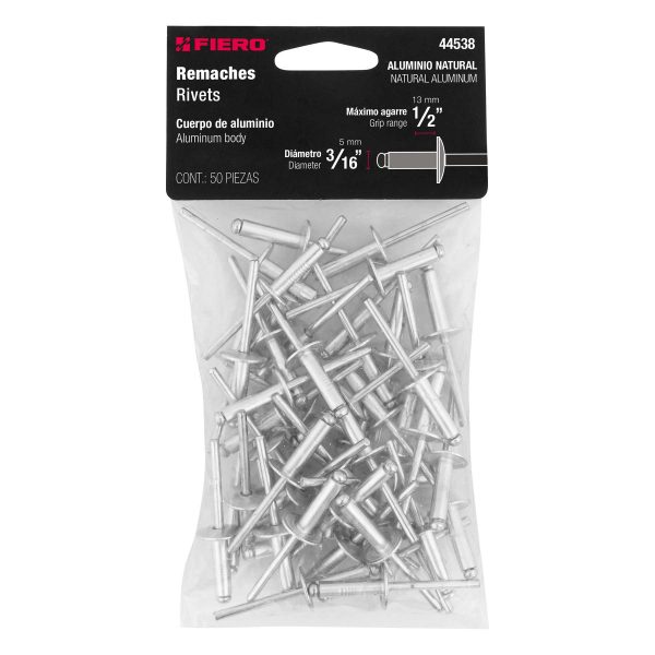 44538 - Bolsa con 50 remaches 3/16' x 1/2' de aluminio, ala 17/32'
