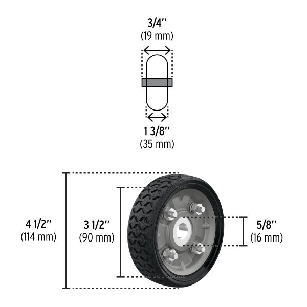 45476 - Rueda de hule sólido 4-1/2' para diablo, un balero, Pretul