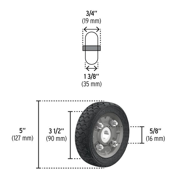 45478 - Rueda de hule sólido 5' para diablo, un balero, Pretul