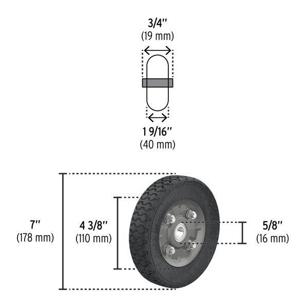 45482 - Rueda de hule sólido 7' para diablo, un balero, Pretul