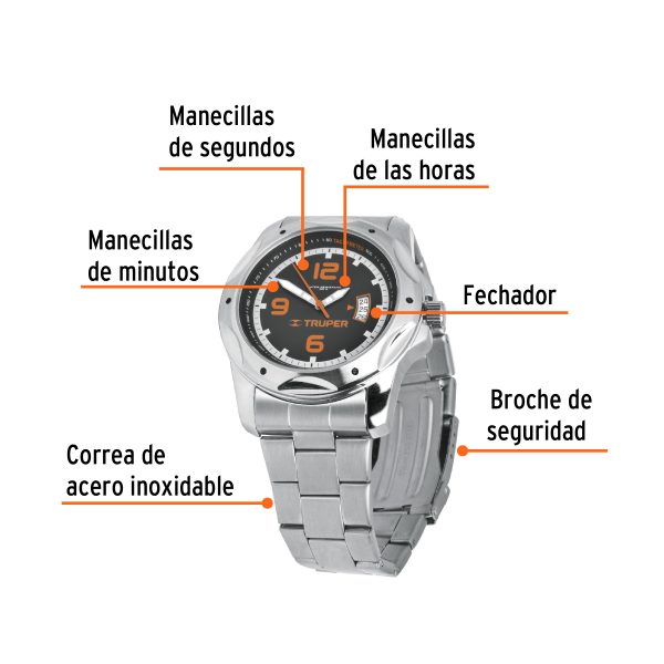 60072 - Reloj para caballero, acero inoxidable, Truper
