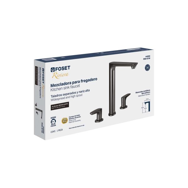 44096 - Mezcladora cuello alto para fregadero, negro, FOSET RIVIERA