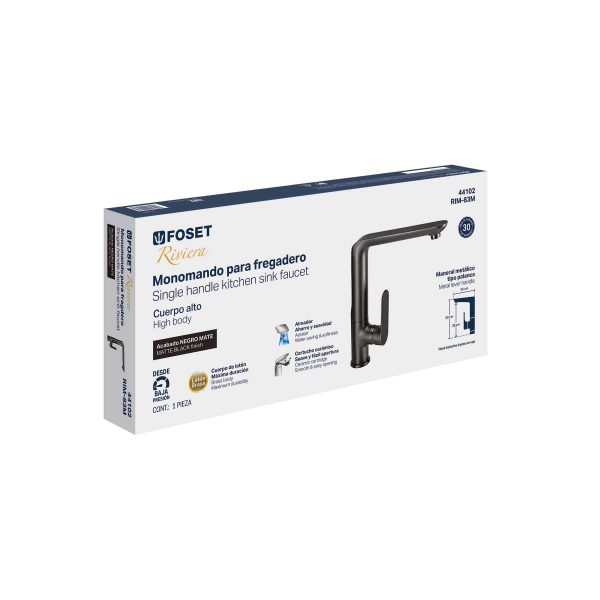 44102 - Monomando cuello alto para fregadero, negro, FOSET RIVIERA