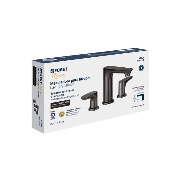 44094 - Mezcladora lavabo taladros separados, negro, FOSET RIVIERA