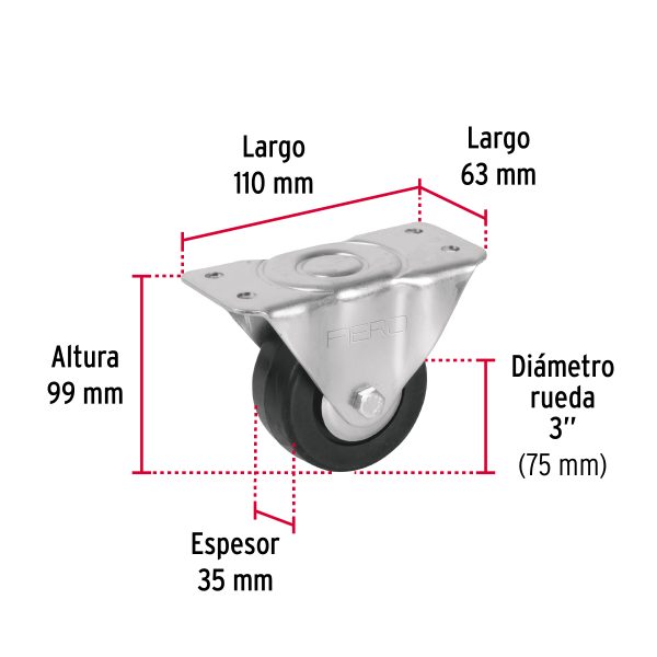 48600 - Rodaja hule 3', placa fija con balero, carga 60 kg, FIERO