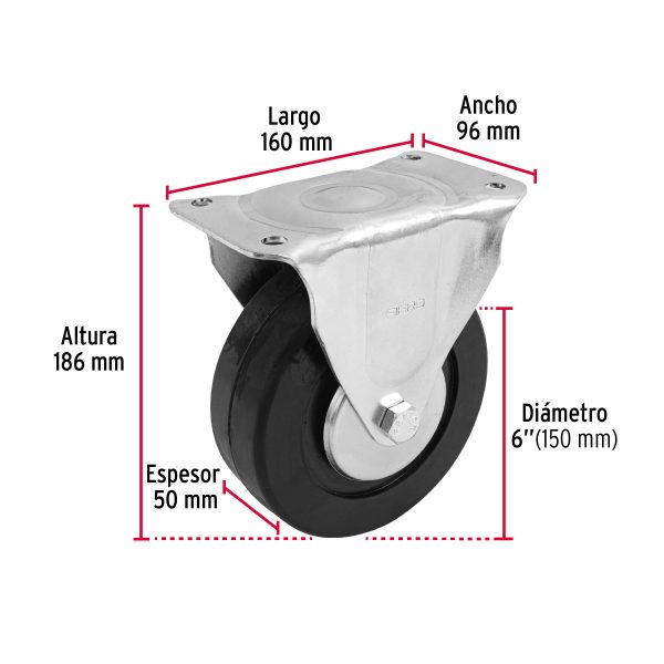 48602 - Rodaja hule 6', placa fija con balero, carga 150 kg, FIERO