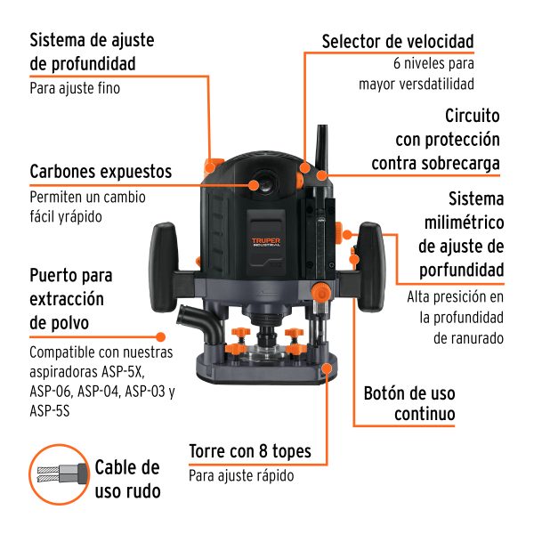 16611 - Router 1,800W, 2-1/2 HP, TRUPER INDUSTRIAL